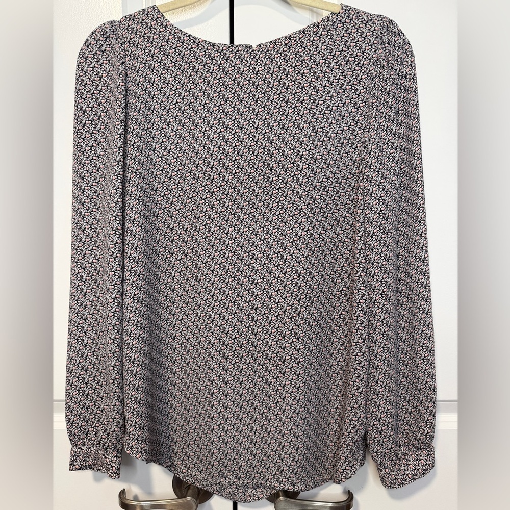 LOFT Black Pink Micro Floral Long Sleeve Blouse Small Lightweight Top